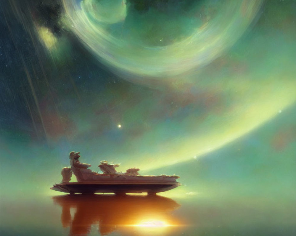 Person with Dog on Boat Gazing at Cosmic Stars and Nebulae