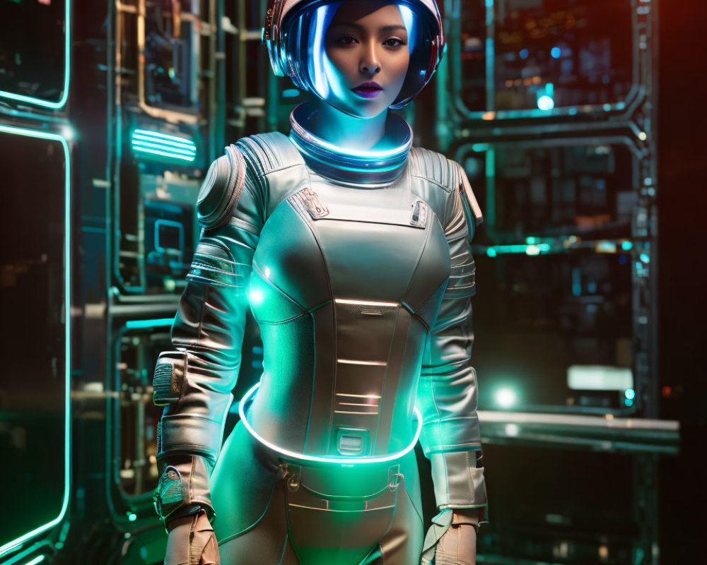 Futuristic female figure in silver space suit with neon accents in front of high-tech server backdrop