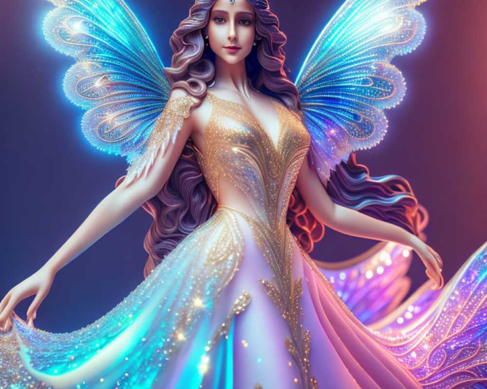 Majestic fairy with butterfly wings in glowing dress on purple backdrop