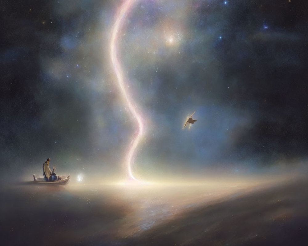 Person in Boat Contemplating Cosmic Swirl and Nebulas