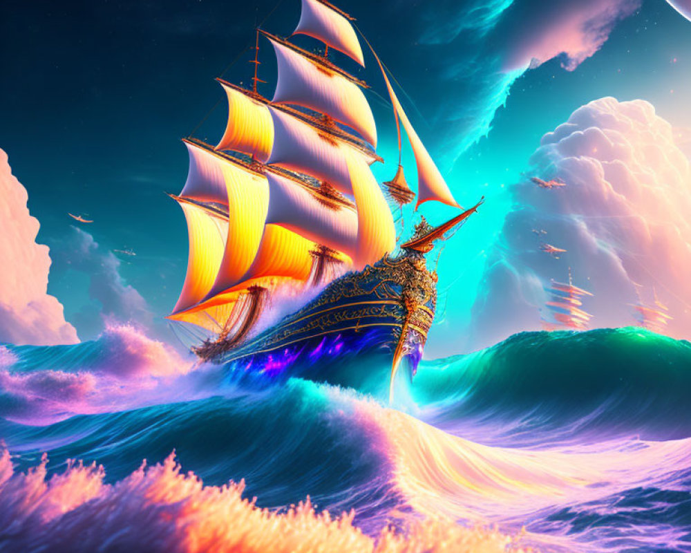 Golden-sailed sailing ship in vibrant, surreal seas under cosmic sky