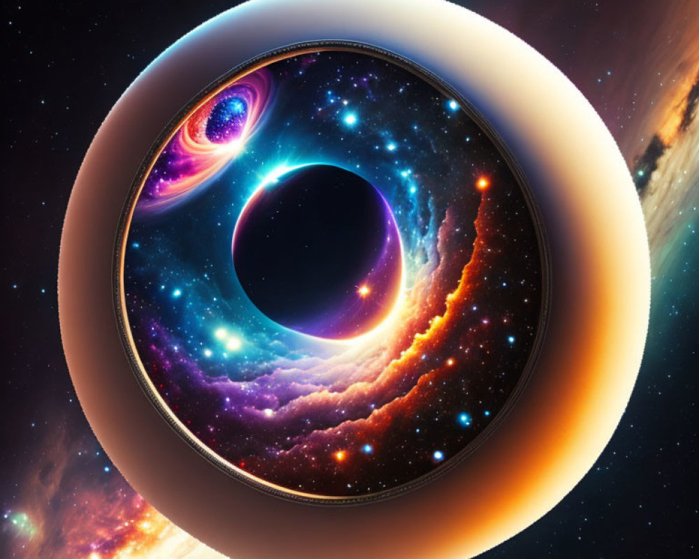 Surreal cosmic image with black hole, galaxies, nebulas, ring structure, and star