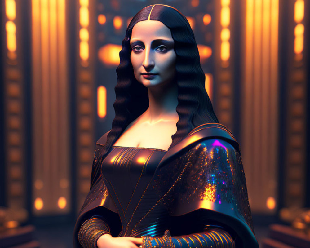 Futuristic 3D Mona Lisa with neon lights and cosmic dress