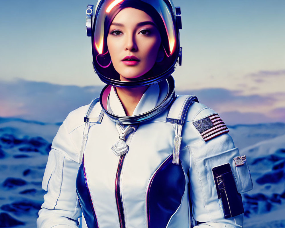 Futuristic astronaut suit against twilight sky and sandy terrain