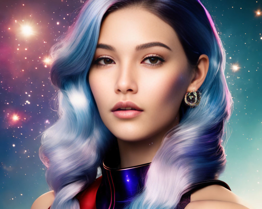 Blue Ombre Hair Woman in Futuristic Outfit on Cosmic Background