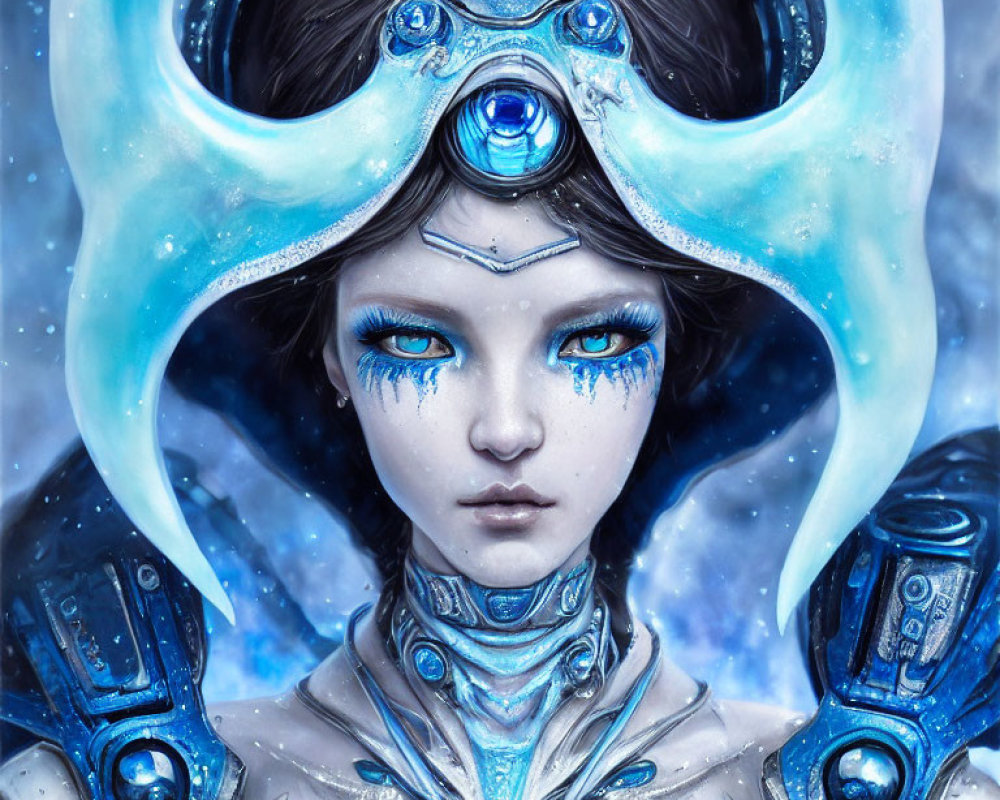 Fantasy character with blue eyes, white and blue armor, futuristic helmet.