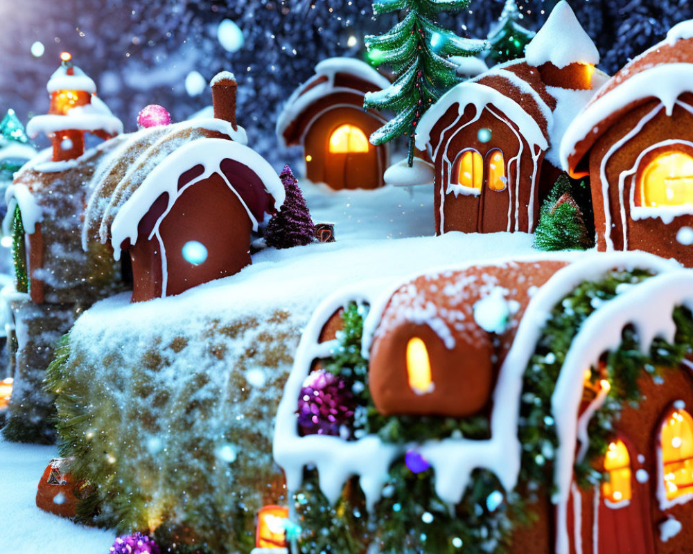 Charming Gingerbread Houses in Snowy Winter Scene