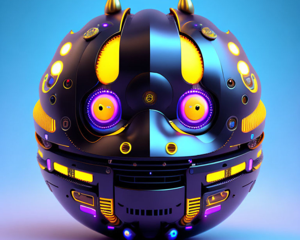 Futuristic spherical robot with horns and purple eyes on blue gradient.