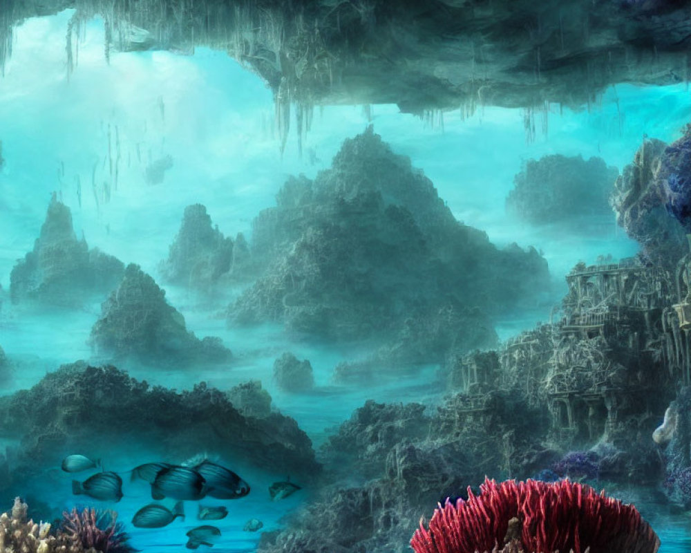 Vibrant underwater scene with coral reefs, fish schools, and sunken ruins among rocky formations