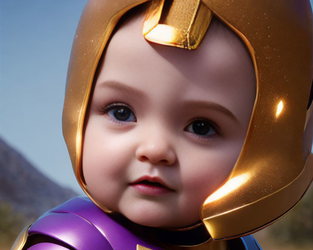 Baby wearing shiny gold and purple superhero helmet with big eyes against blurred landscape