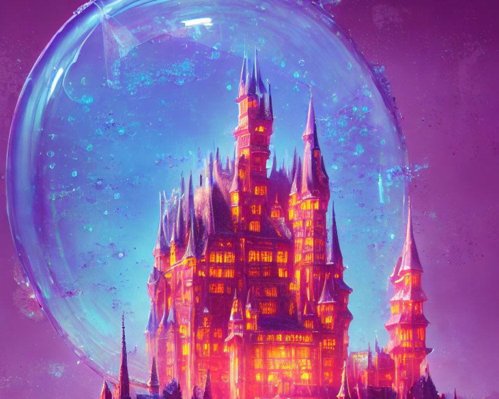 Luminous Castle with Spires in Protective Bubble at Twilight