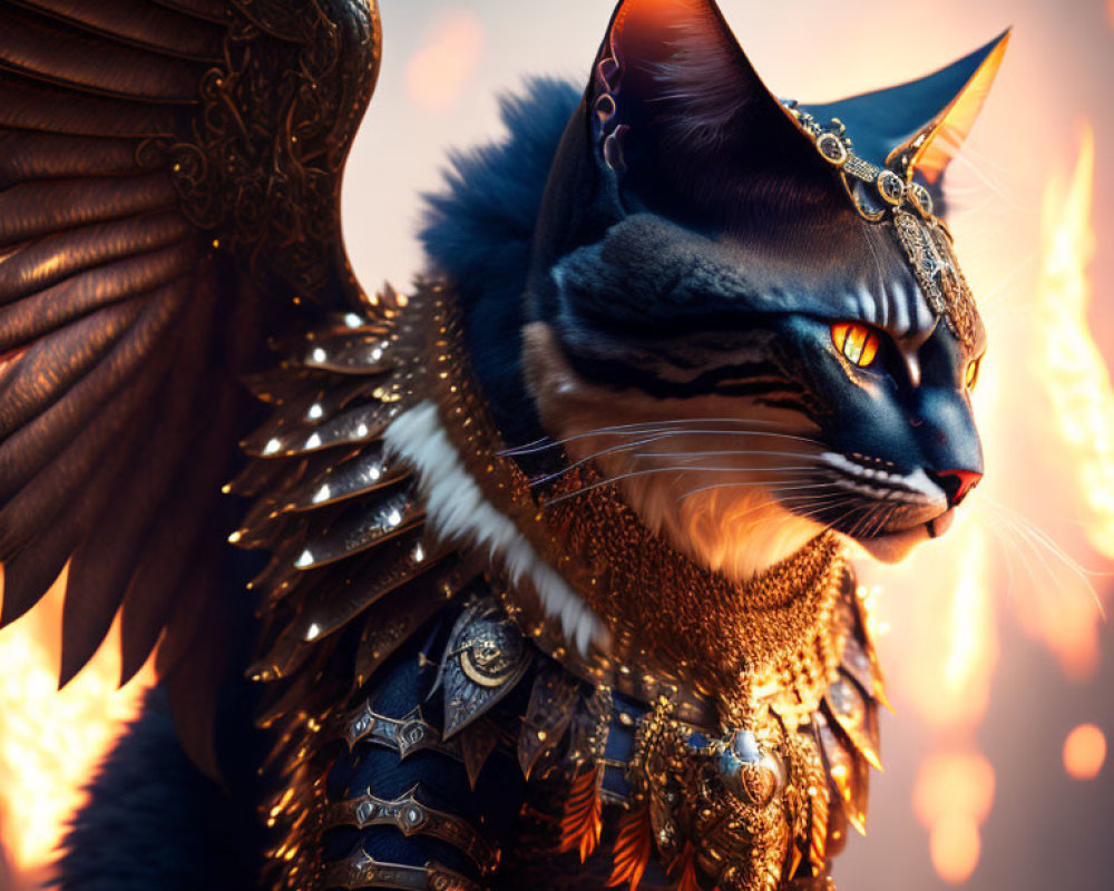 Fantasy portrait of winged cat in armor and crown on fiery backdrop