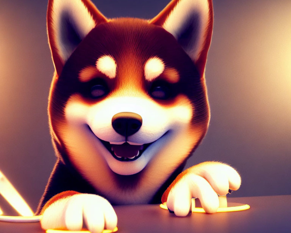 Stylized 3D illustration of smiling Shiba Inu with glowing outline