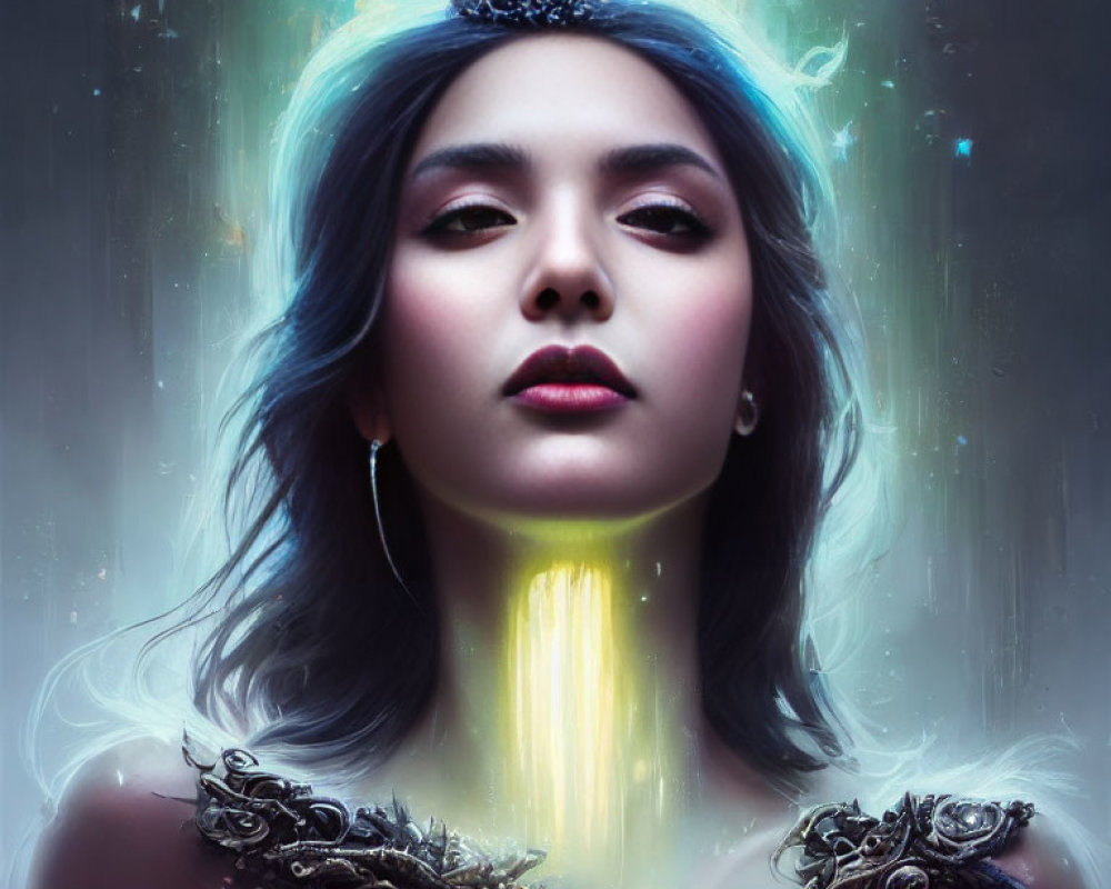 Digital artwork: Woman with glowing crown and bright forehead light.