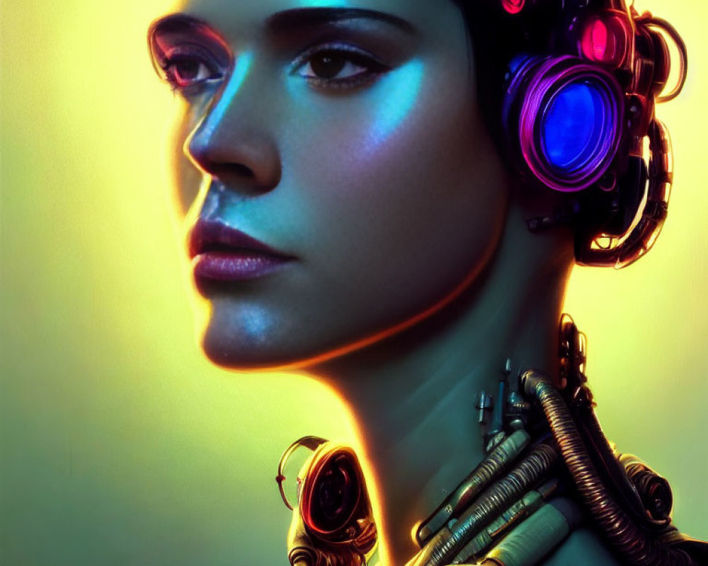 Female Cyborg with Mechanical Neck and Ear Components in Multicolored Light