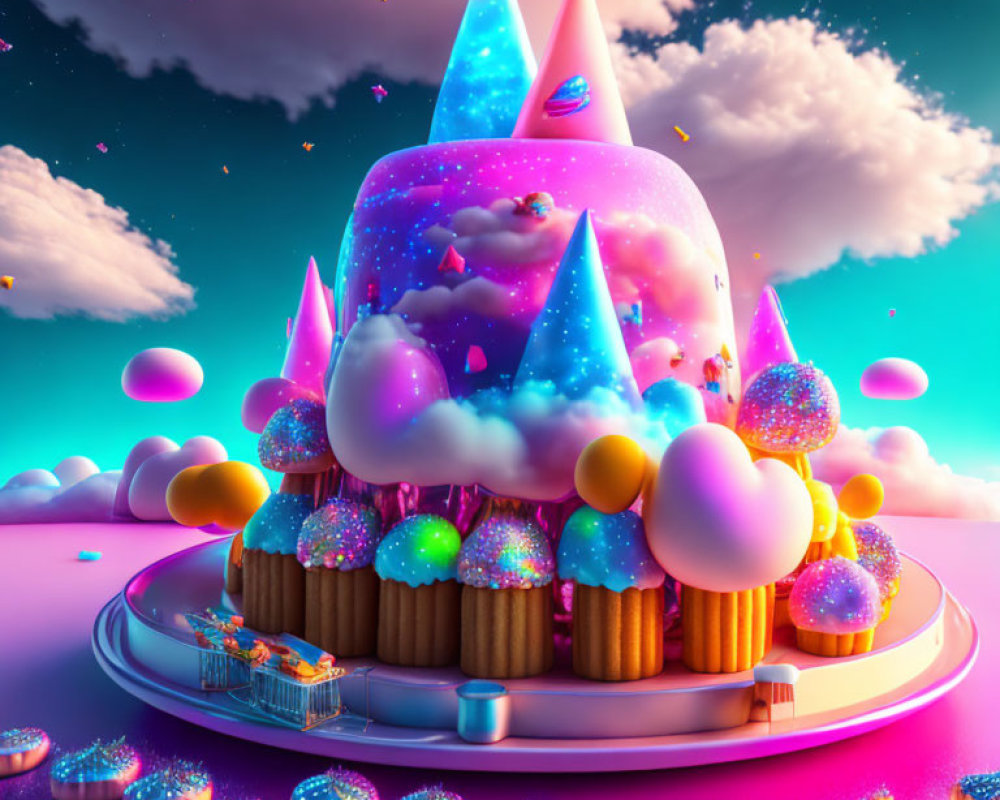 Colorful Fantasy Cake with Ice Cream Cones and Glowing Orbs