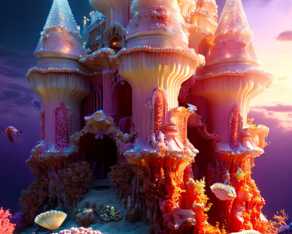 Underwater Castle with Coral Towers Surrounded by Marine Life