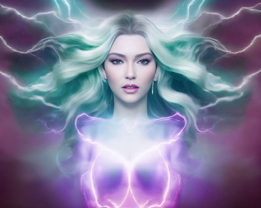 Fantasy portrait of woman with flowing hair and glowing suit outline amid purple and blue lightning