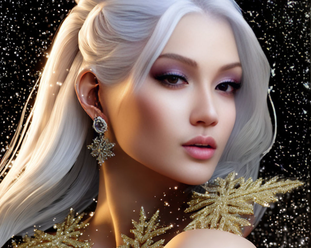 Silver-haired woman with star earrings and golden snowflake accessories on black glitter background