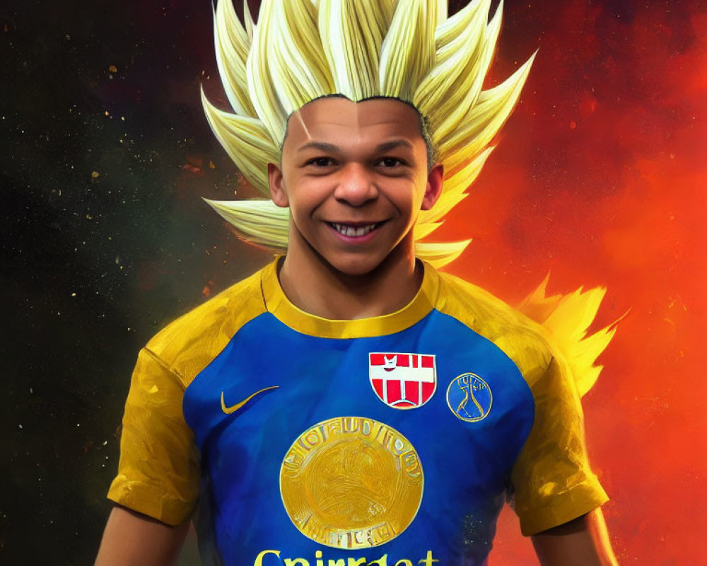 Smiling person with spiky blonde anime-style hair in blue and gold sports jersey