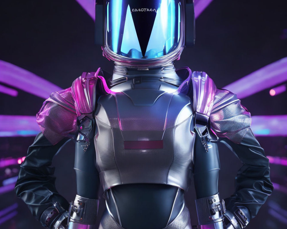 Futuristic astronaut in reflective suit with glowing purple accents