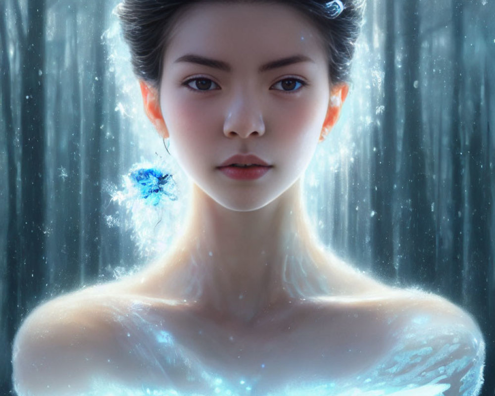 Woman with glowing translucent skin in magical frost setting with ice crystals in hair