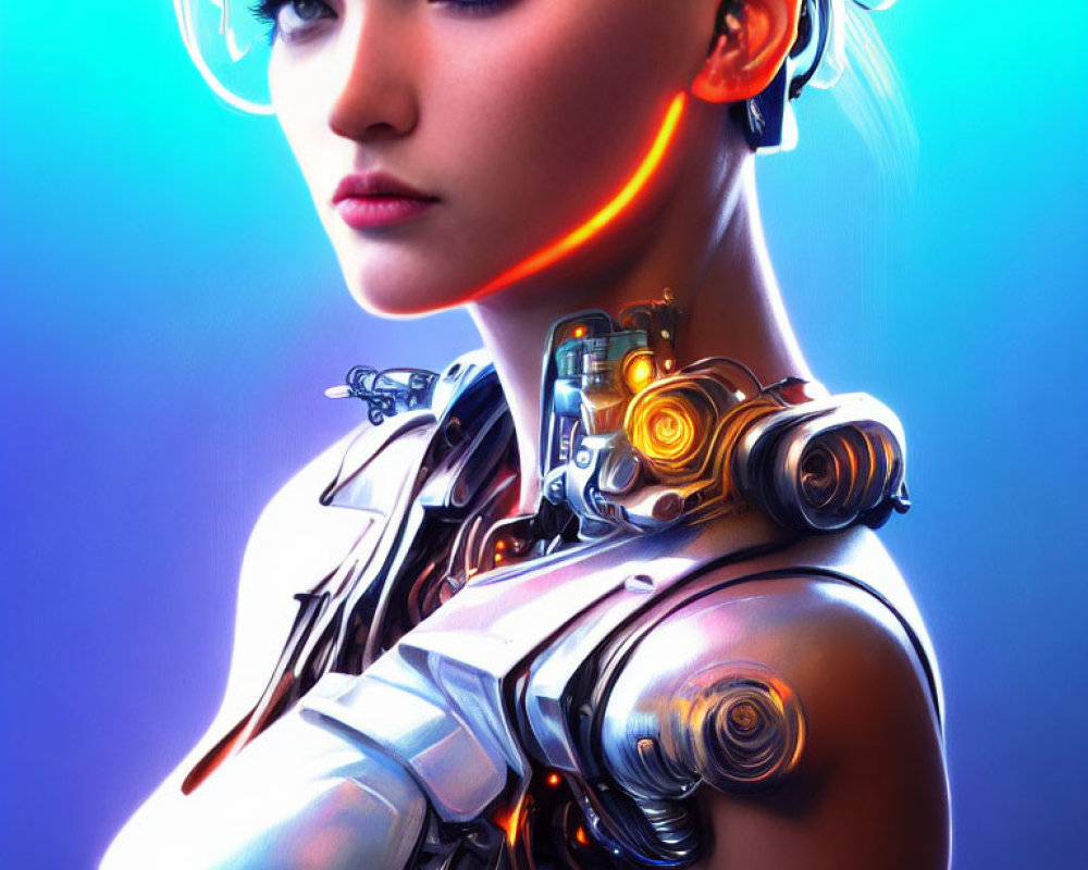 Female cyborg with glowing orange accents on blue background