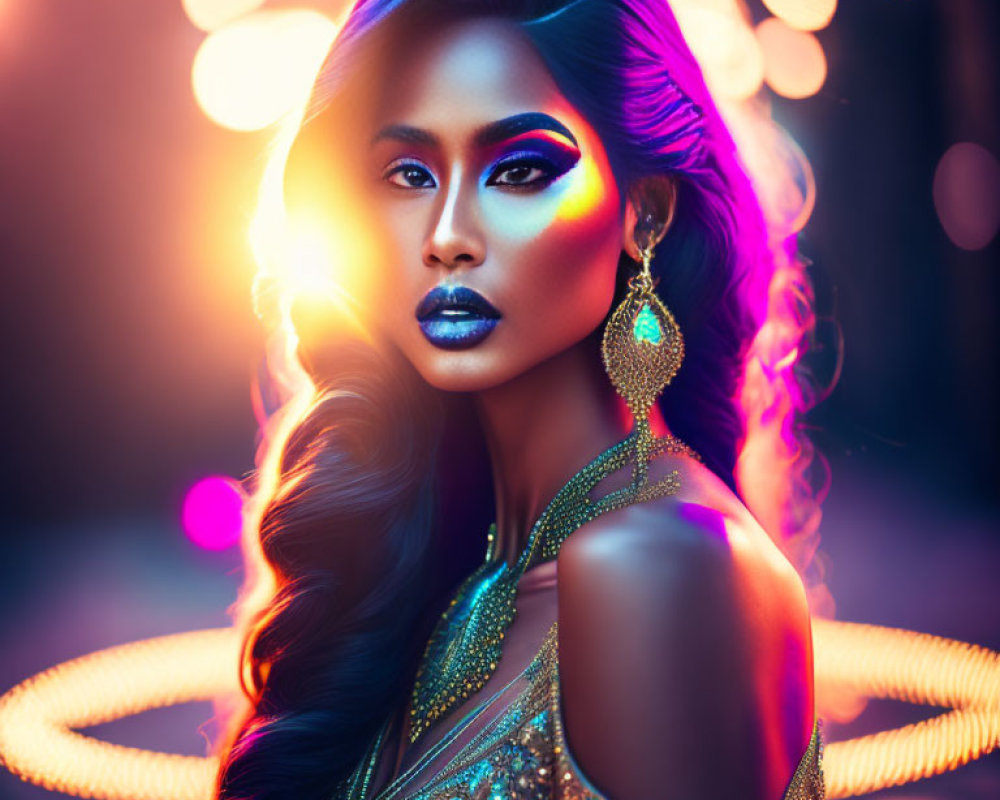 Bold Makeup and Gold Earrings Amid Colorful Lights