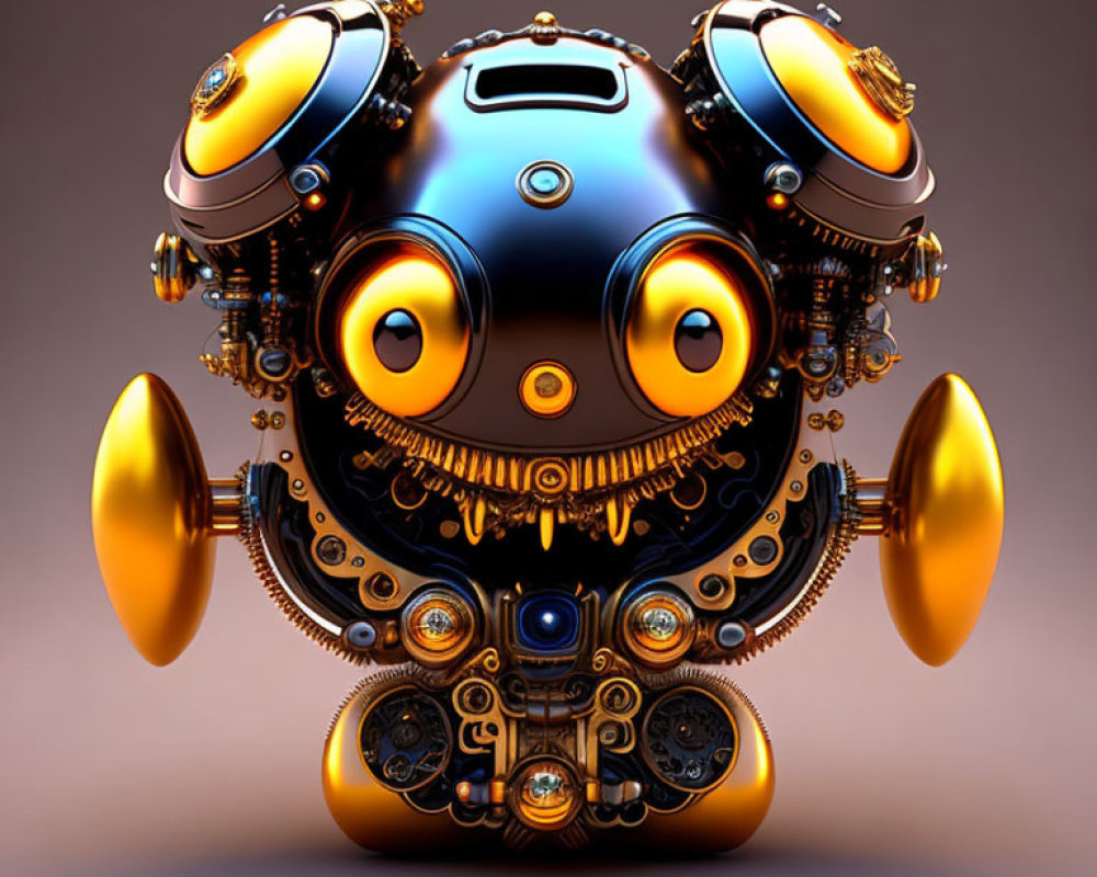 Whimsical mechanical creature with large eyes and gears