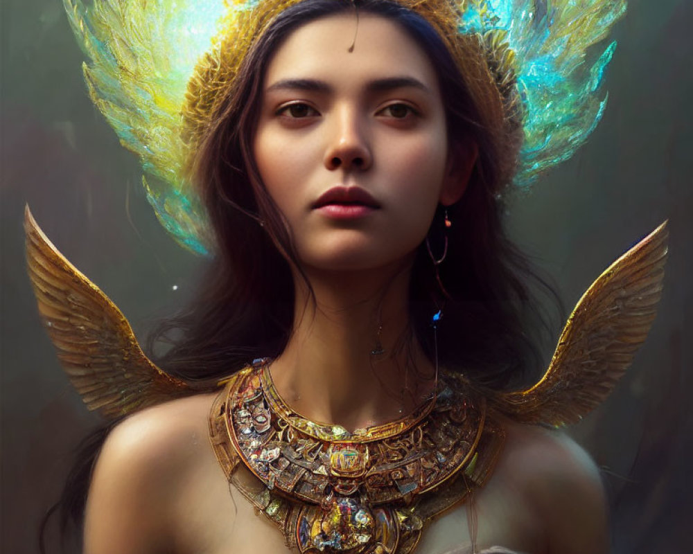 Majestic woman with golden headpiece and winged necklace gazes forward