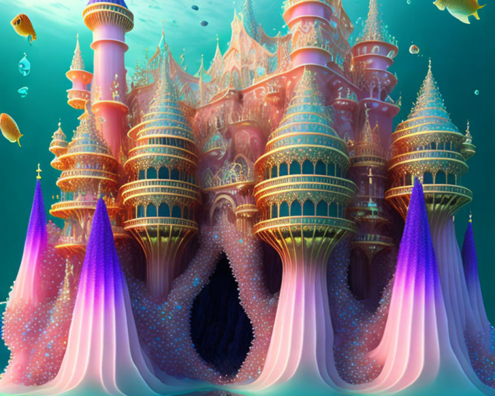 Colorful Underwater Castle Surrounded by Fish