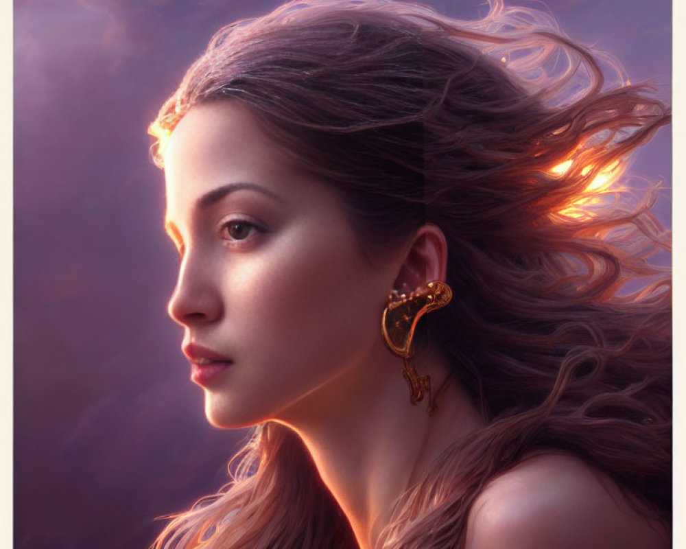 Digital artwork: Woman with flowing hair in purple backlit sky