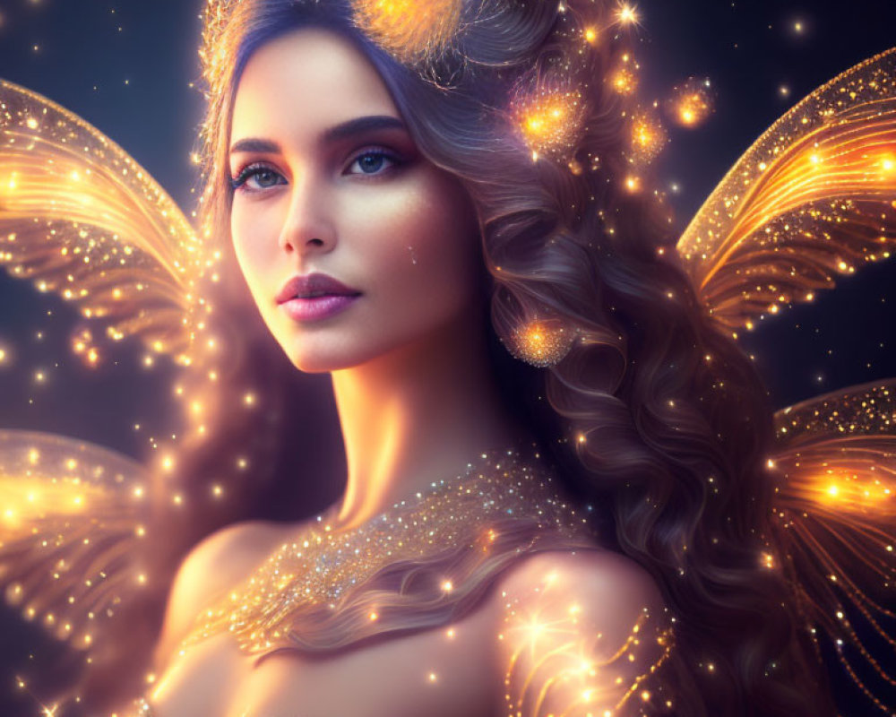 Woman with golden butterfly wings and glowing orbs in magical setting