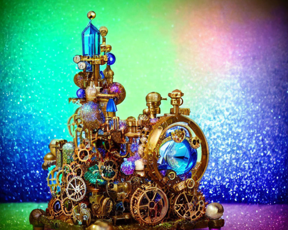 Intricate Steampunk Device with Gears and Blue Crystal