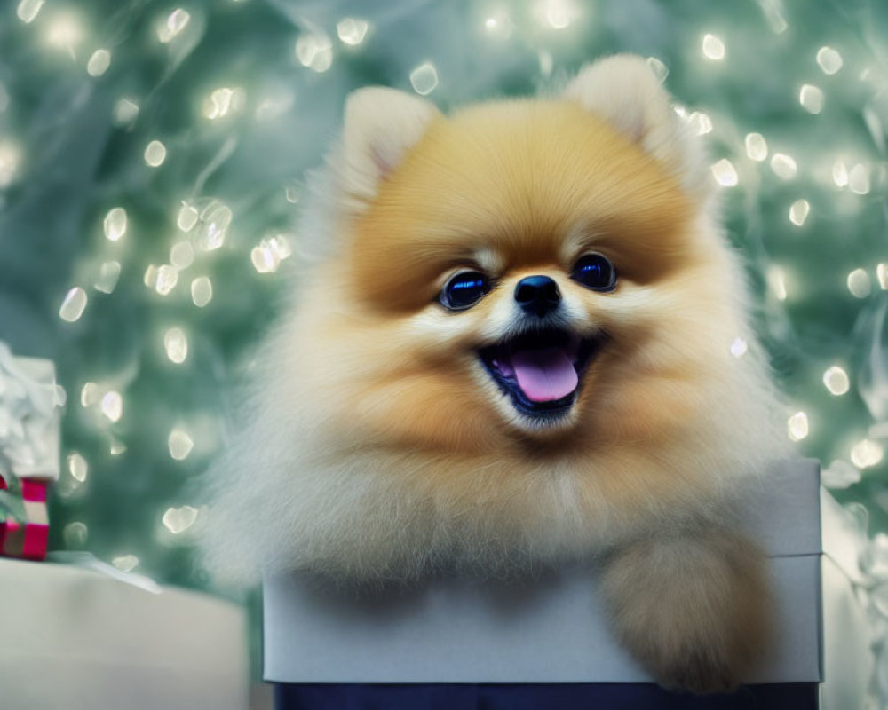 Fluffy Pomeranian Dog in Box with Gift on Sparkling Background