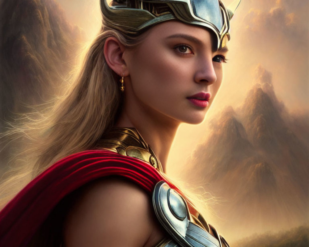 Fantasy warrior woman in winged helmet portrait with mountainous backdrop