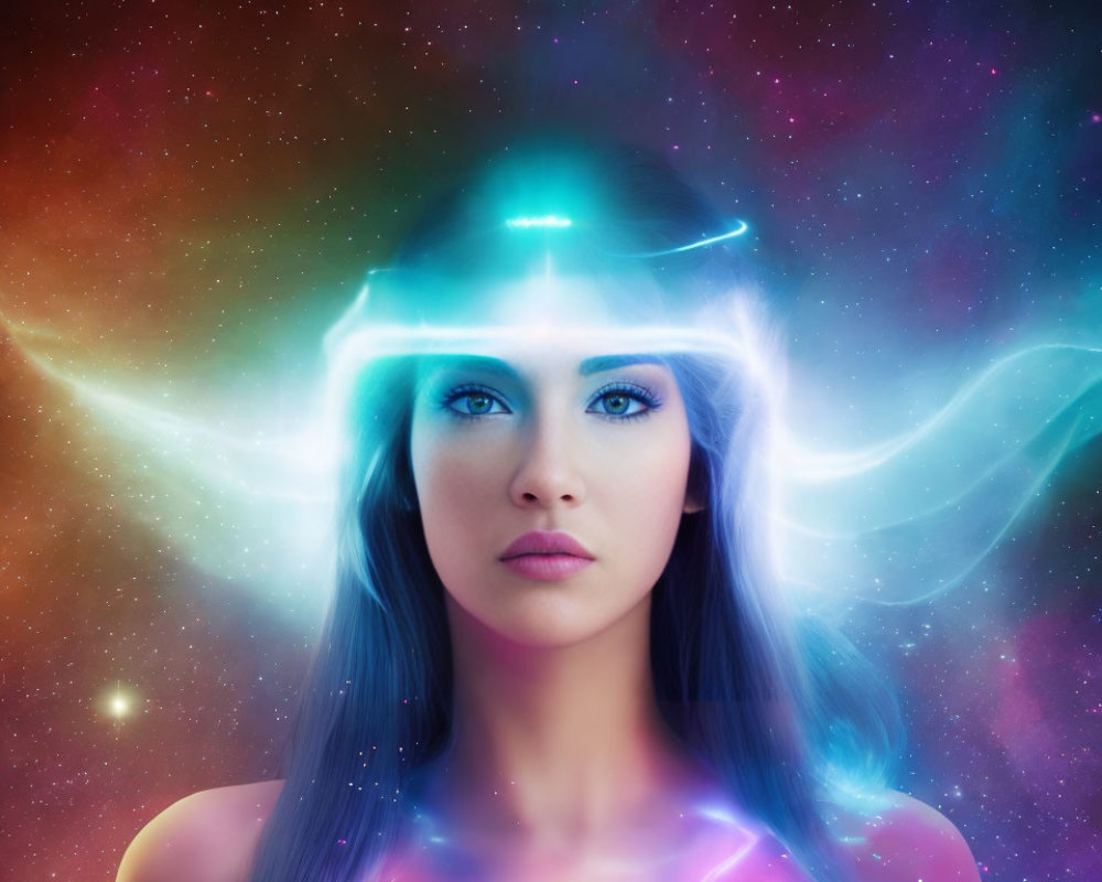 Woman with glowing visor in cosmic background - Futuristic Sci-fi Theme