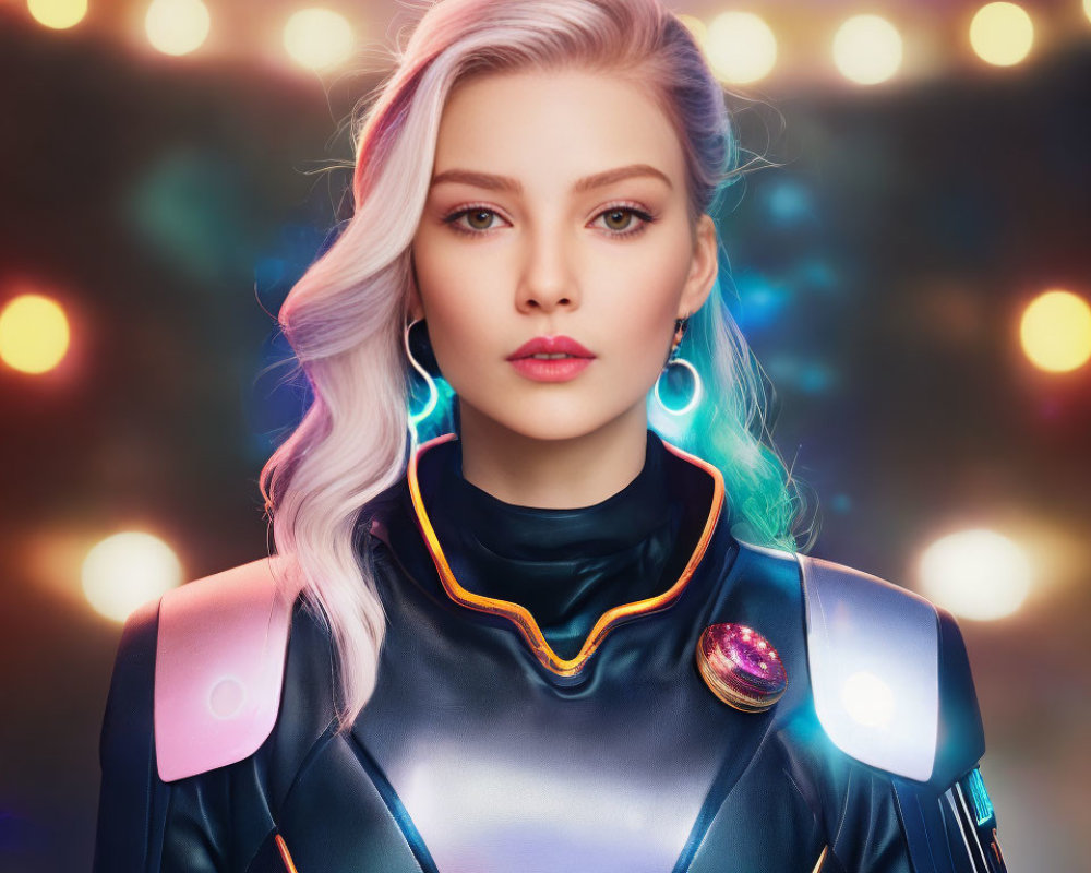 Futuristic woman with pastel pink hair in confident pose