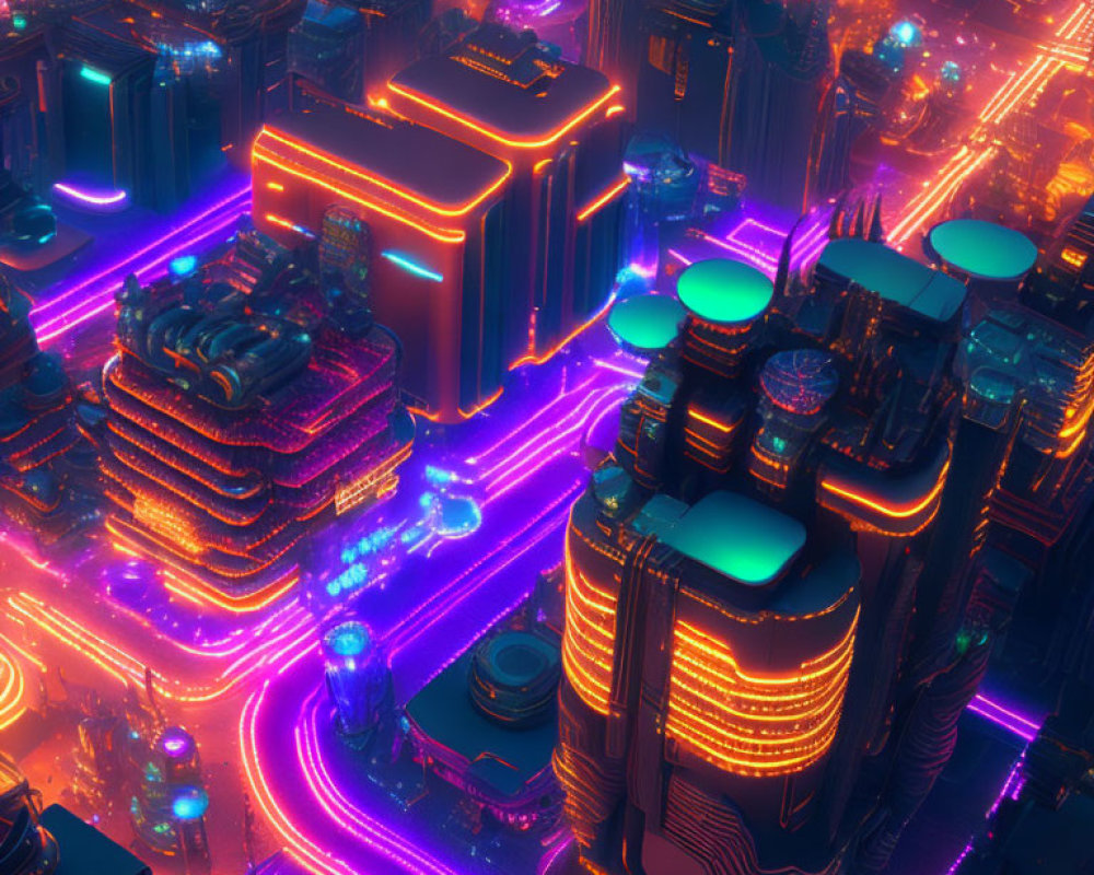 Futuristic Cyberpunk Cityscape with Neon Roads & High-Rise Buildings