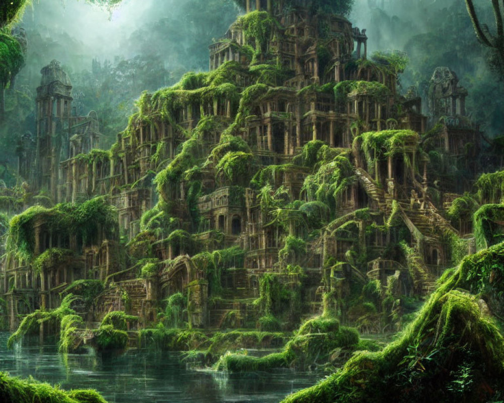 Misty jungle temple complex in serene setting