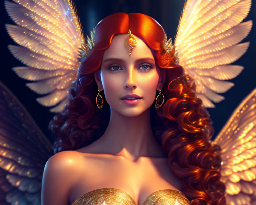 Digital artwork: Woman with red hair, angelic wings, gold jewelry, and ethereal aura in