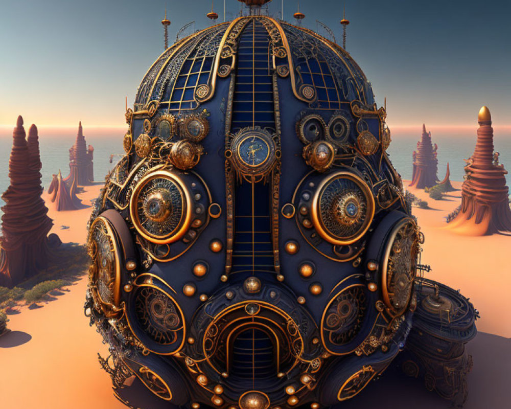 Intricate Golden Designs on Spherical Building in Desert Landscape