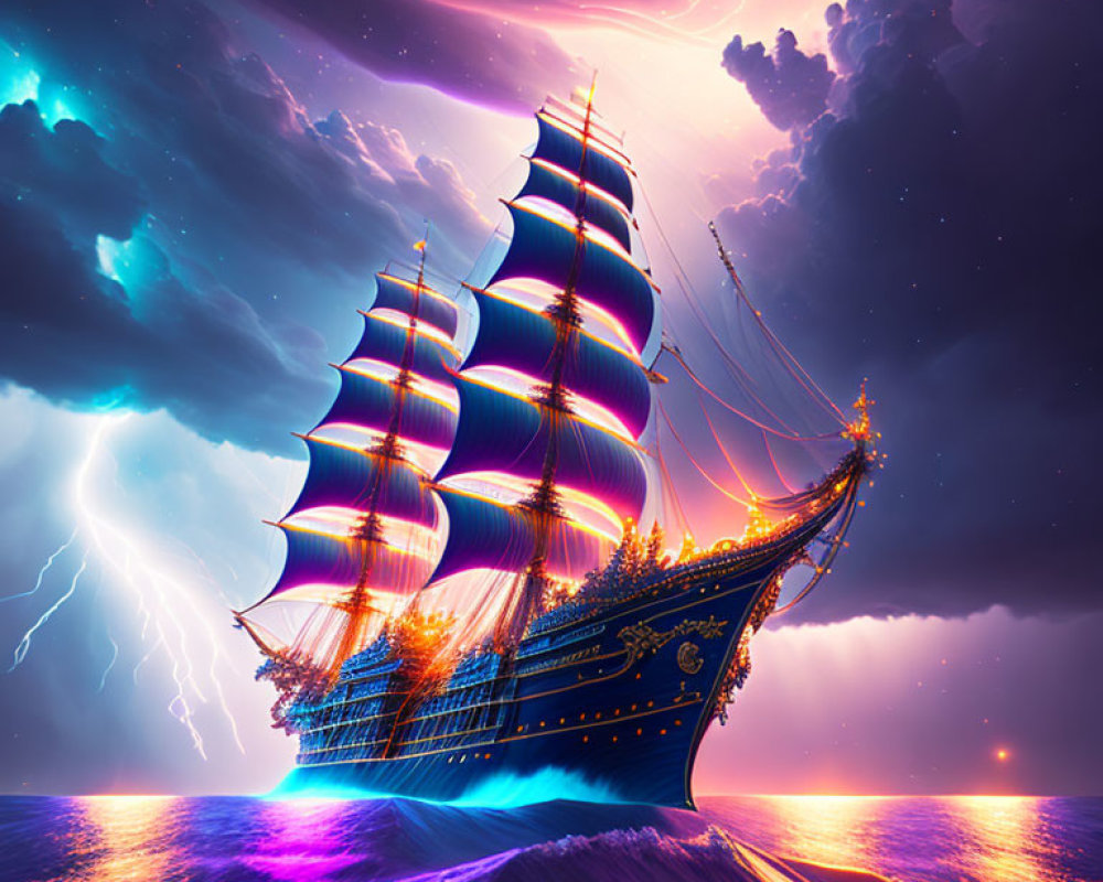 Tall ship with illuminated sails on purple waters under stormy sky