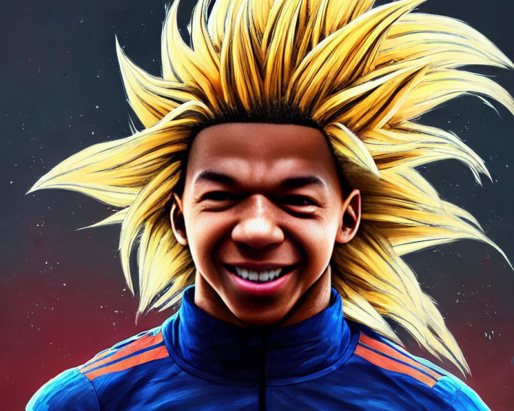 Digital artwork: Person's face merges with Super Saiyan's spiky blonde hair on red and