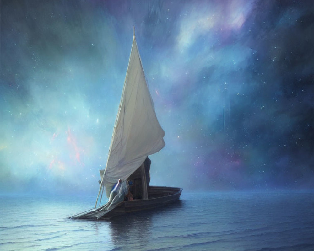 Sailboat under cosmic sky with nebulae and stars on dark sea