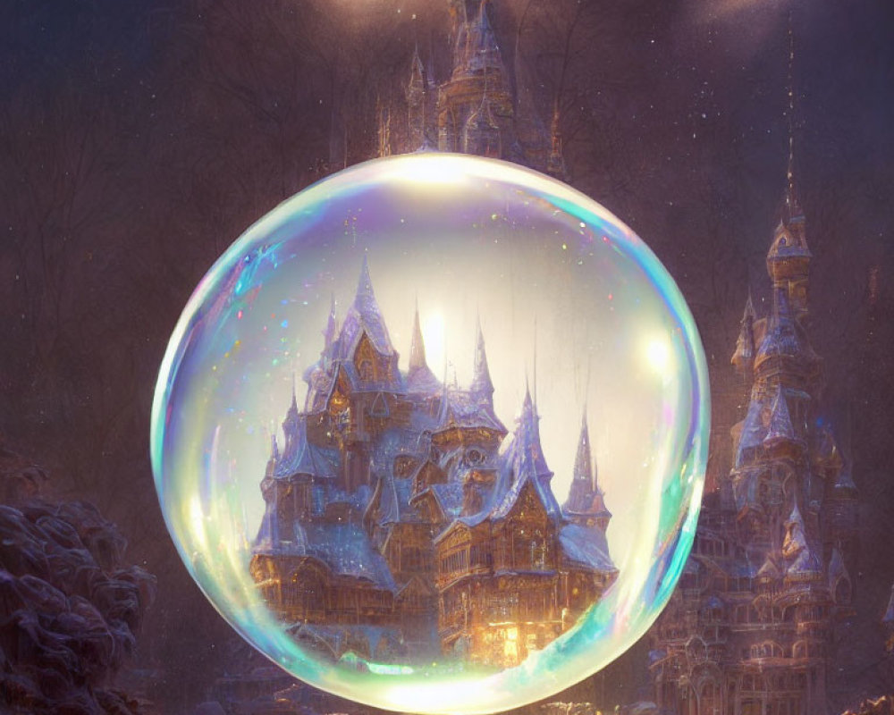 Golden-Lit Castle in Bubble Snowscape at Night