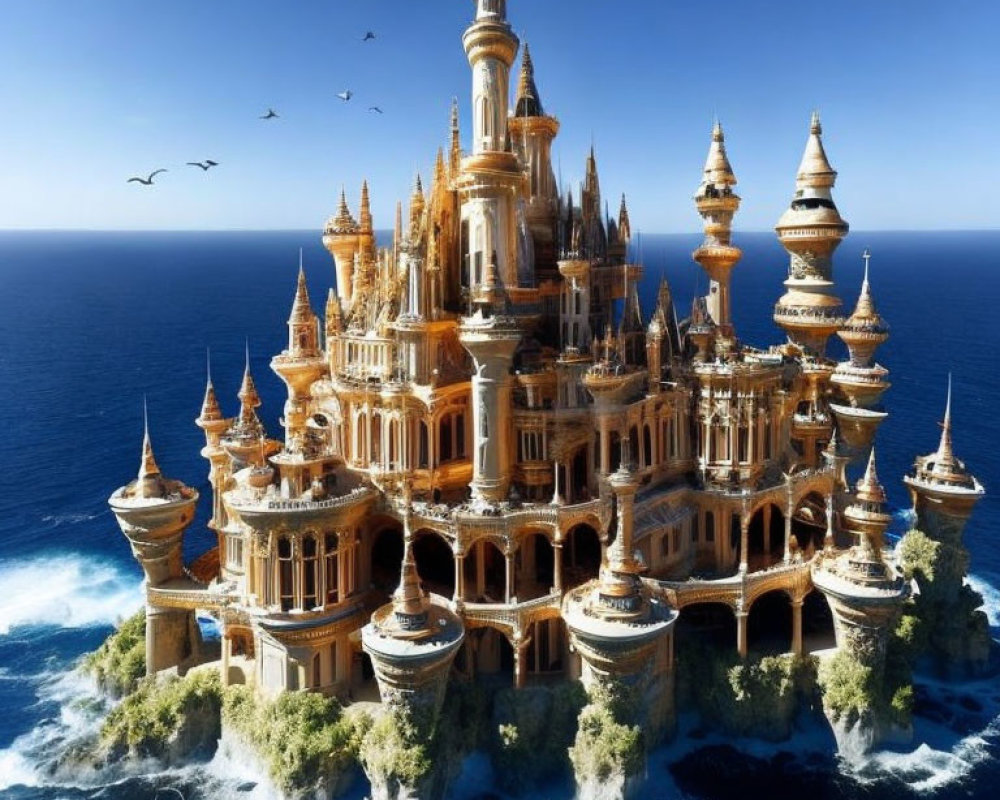 Golden fantasy castle by the sea with spires and birds