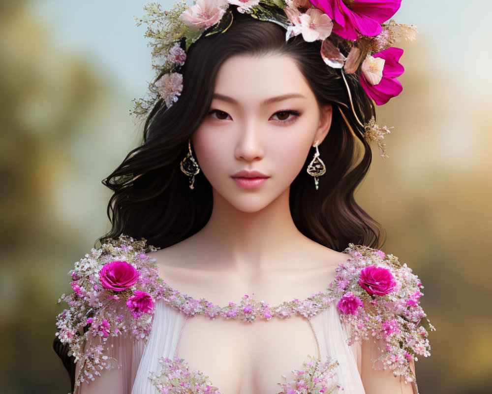 Woman in Floral Crown and Pink Rose Dress with Deep V-Neckline and Wavy Hair Portrait