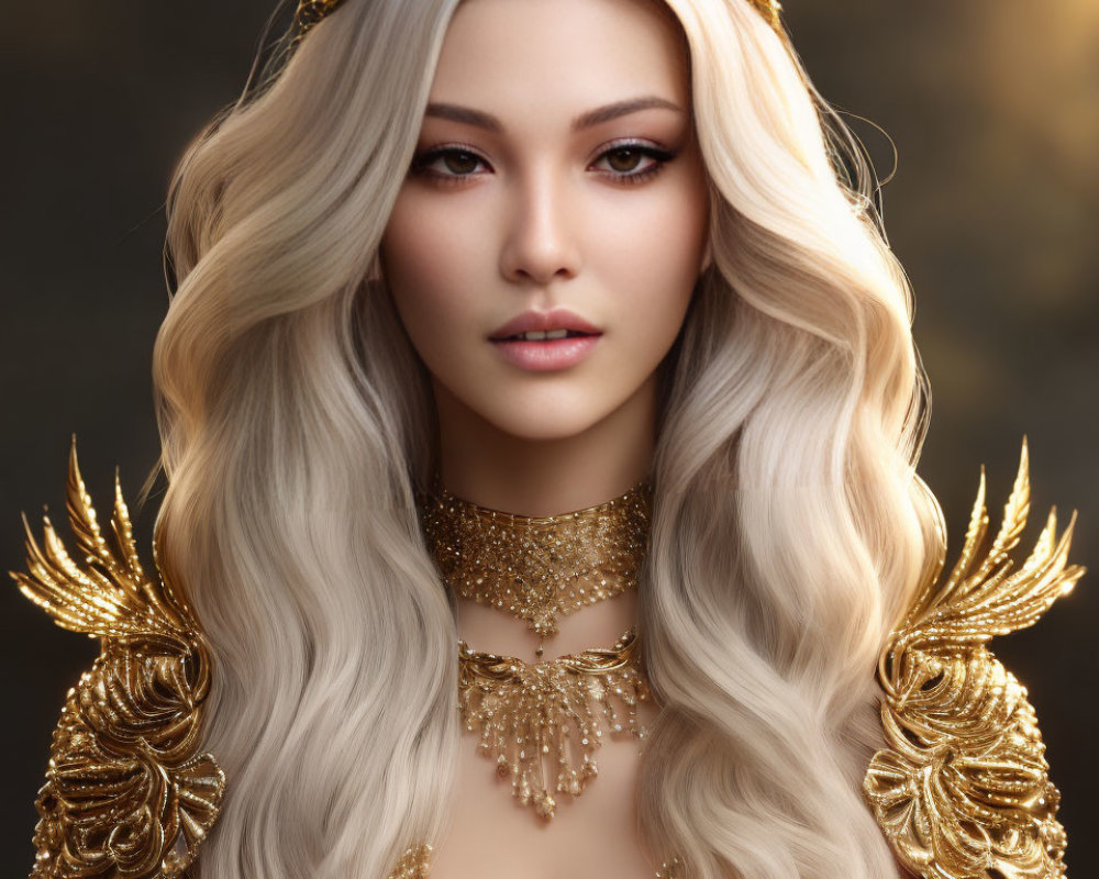 Blonde woman in golden crown and armor exudes regal elegance