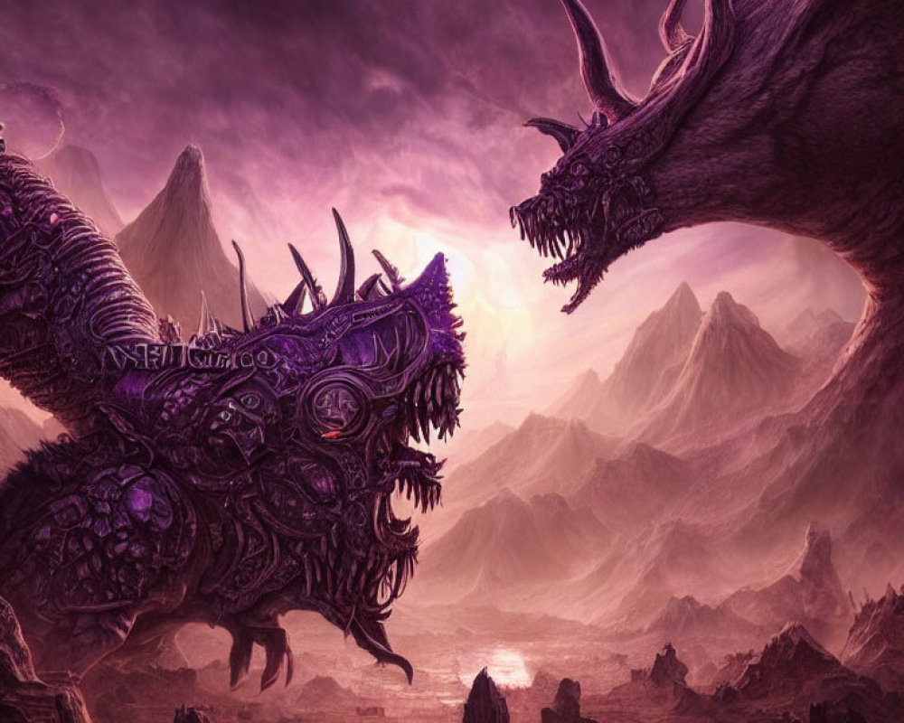 Fantastical landscape with purple skies, jagged mountains, and fierce armored dragons in dramatic confrontation